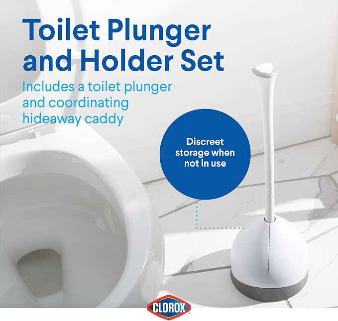 Clorox Toilet Plunger with Hideaway Holder Caddy Heavy-Duty Compact Design with - Image 4