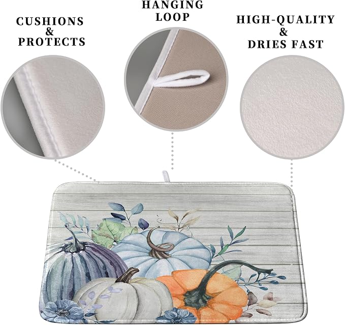 Fall Blue Orange Grey Pumpkin Kitchen Dish Drying Mat - Image 3