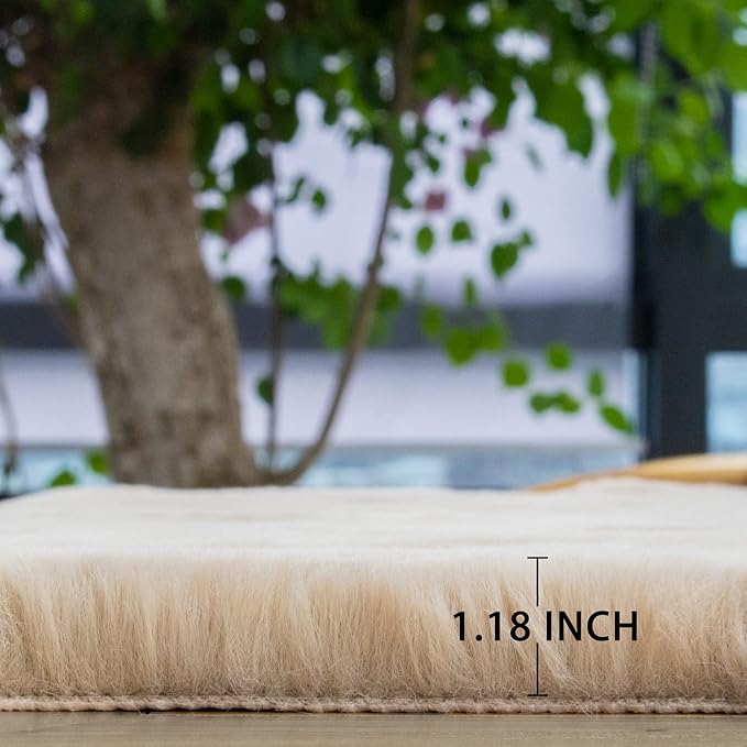 Washable Shag Round Rugs 6ft Camel Plush Faux Rabbit Furry Fur Rugs for Bedroom Large Circle Fluffy Nursery Rug