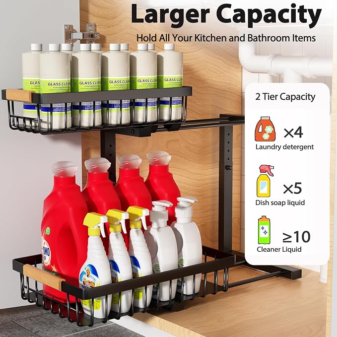 Under Sink Organizer Storage 1 pack, 2 Tier Slide Out Height Adjustable Pull - Image 2