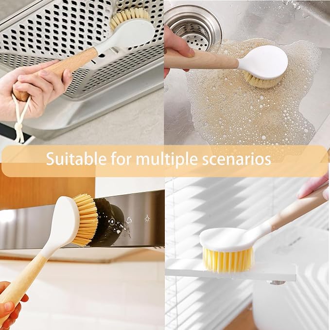 Dish Brush with Built-in Scraper, Non-Slip Durable Plastic Handle Heavy Duty - Image 4