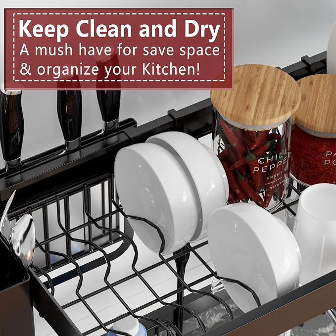 VNKZI Over Sink Dish Drying Rack, 2 Tier Stainless Steel Storage Adjustable - Image 5