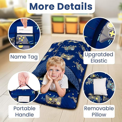Toddler Nap Mat with Pillow and Minky Blanket, Large 55"x35" Sleeping Bag, Washable, Lightweight, Easy to Roll, Perfect for Preschool, Daycare, Kindergarten, Travel, Boys and Girls(Gamepad)