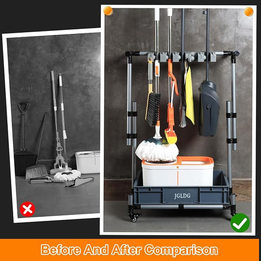 Freestanding Mobile Cleaning Tool Storage Rack, Mop and Broom Holder - Image 2