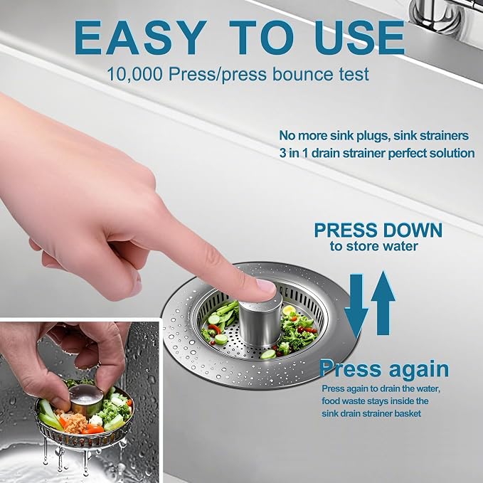 3-in-1 Kitchen Sink Drain Strainer & Stopper, Stainless Steel Food Catcher Plug - Image 2