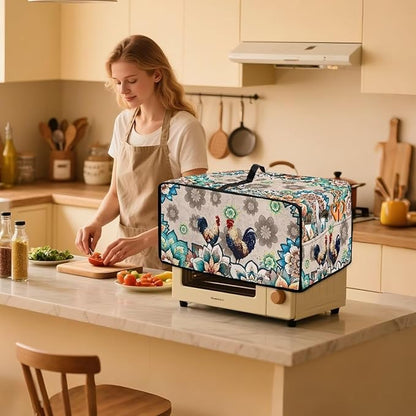 Rooster Boho Mandala Floral Print Microwave Oven Dust Cover Polyester-Linen Fabric Microwave Oven Cloth Cover Universal Case Protections Protector with Storage Bags, M