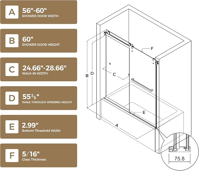 56-60"W x 60"H Frameless Bathtub Shower Door, Double Sliding Tub Shower Glass - Image 9