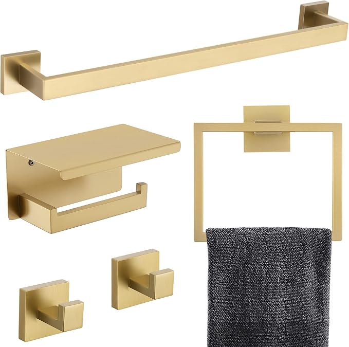 TNOMS 5-Piece Bathroom Hardware Set 23.6 Inch Gold Towel Bar Set Towel Bar by TNOMS