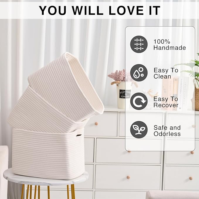 Storage Baskets for Organizing Shelves, Woven Cotton Rope Bins for Baby Nursery - Image 5