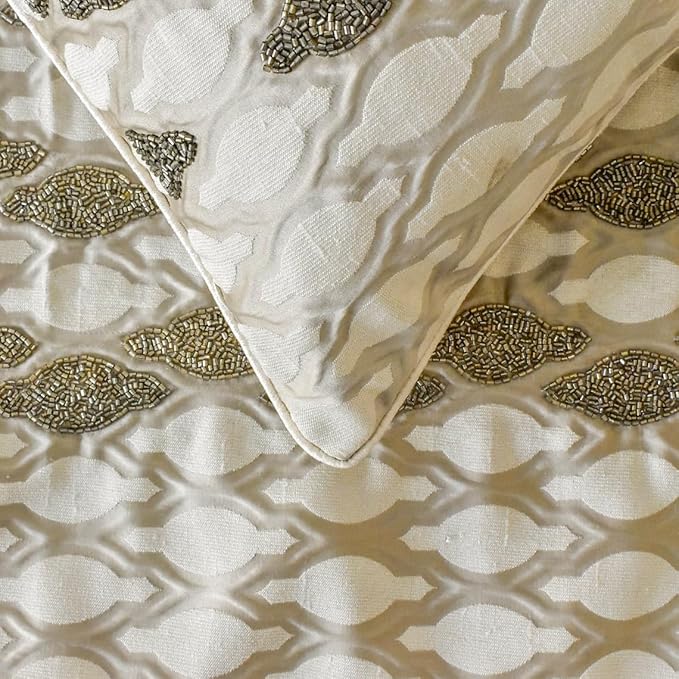 The HomeCentric King/Queen/Twin Ivory Decorative King 90"x18" Bed Runner with Two Pillow Cover, Bead Hand Embroidery Bed Scarf on Jacquard Fabric - Priscilla Dazzle