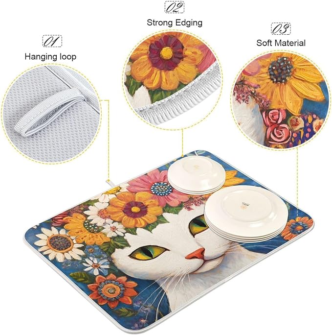 White Cat Colorful Flowers Pattern Dish Drying Mat - Image 4