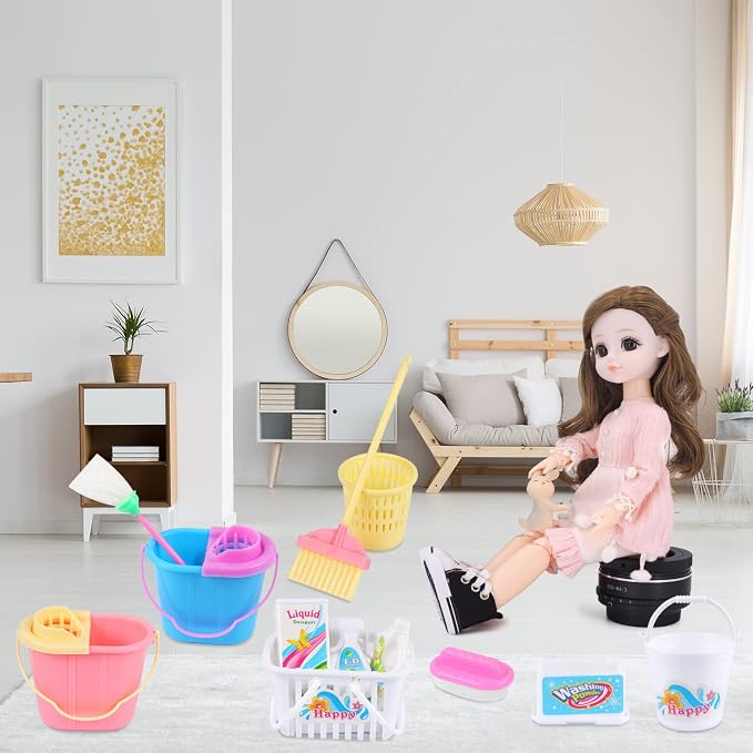 22 Pcs Miniature Dollhouse Cleaning Supplies Mini Bucket Mop Dust Pan Brush - Image 3