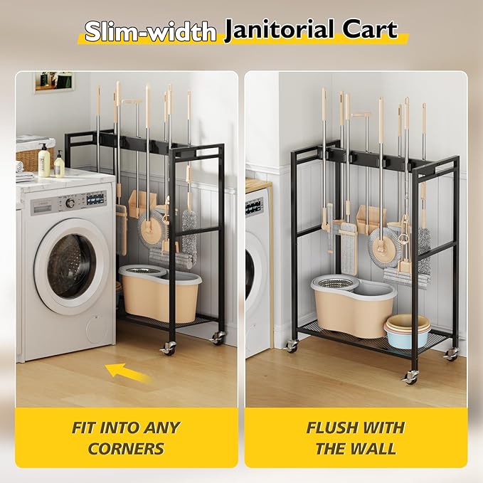 BORISI Broom And Mop Holder, Movable Broom Closet Storage Cabinet, Cleaning Cart - Image 4