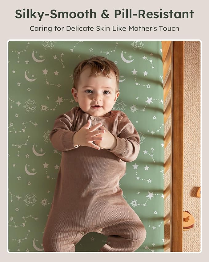 Pack and Play Sheets Fitted 3 Pack, Mini Crib Sheets for Pack N Play Mattress Stretchy Portable Playard Sheets, Soft Breathable Green Gray Constellation