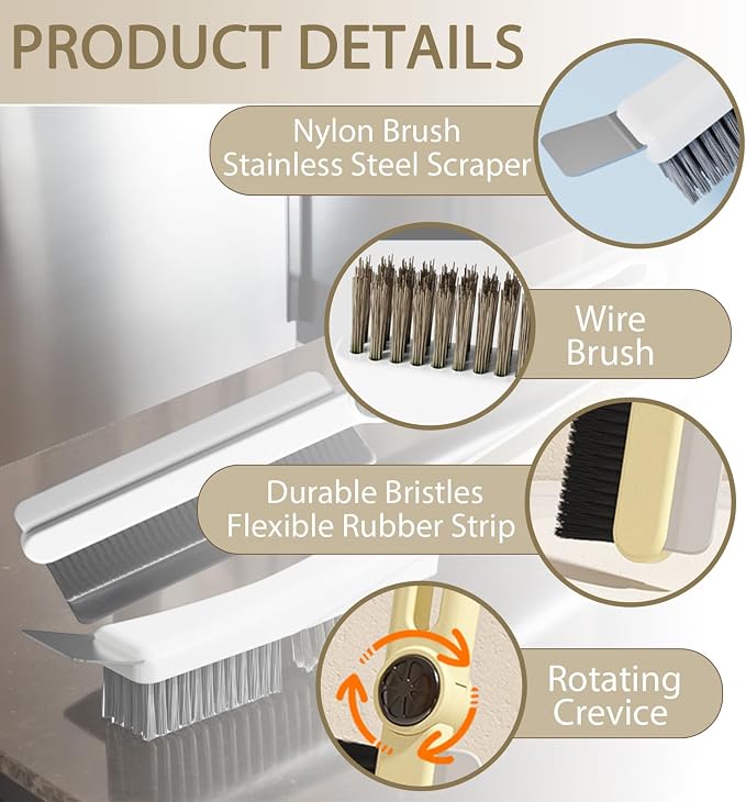 Crevice Cleaning Brushes with Rotatable Handle, Wire Nylon Scrub Brush with - Image 4