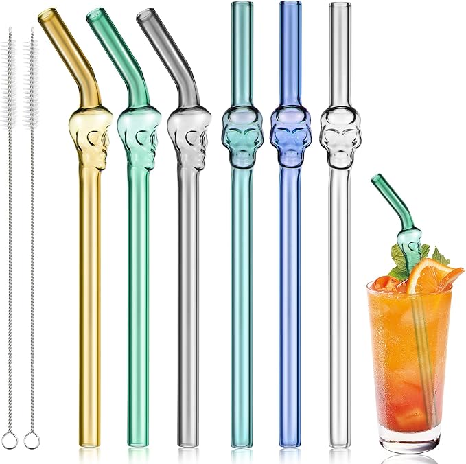 6 Pcs Skull Glass Straw Reusable Straws Shatter Resistant by Yinkin