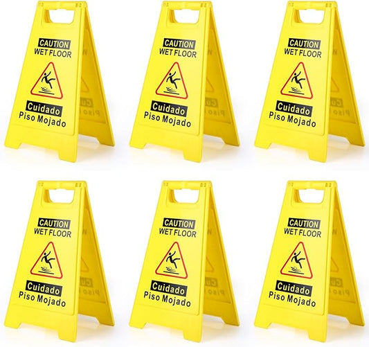 6-Pack Caution Wet Floor Sign, 17.5" Height, Bright Yellow Double-Sided Folding by Unknown