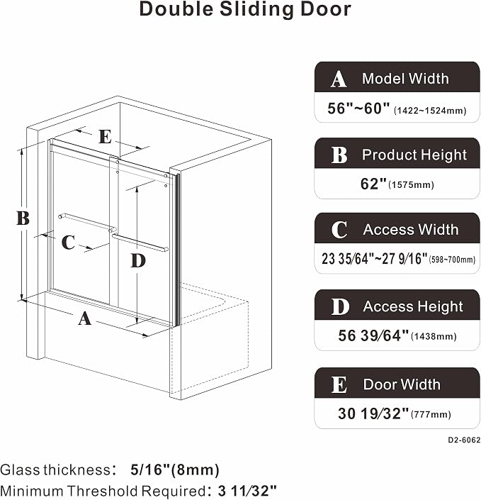 Bathtub Shower Door, 60″x 62″ Semi-Frameless Sliding Shower Door, Double - Image 2
