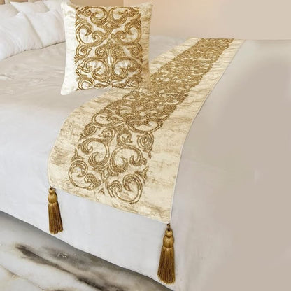 The HomeCentric King/Queen/Twin Gold Designer Twin 53"x18" Bed Runner with 2 Pillow Cover, Foil & Hand Beaded Embroidery Bed Scarf on Jacquard Fabric - Ornamento Oro