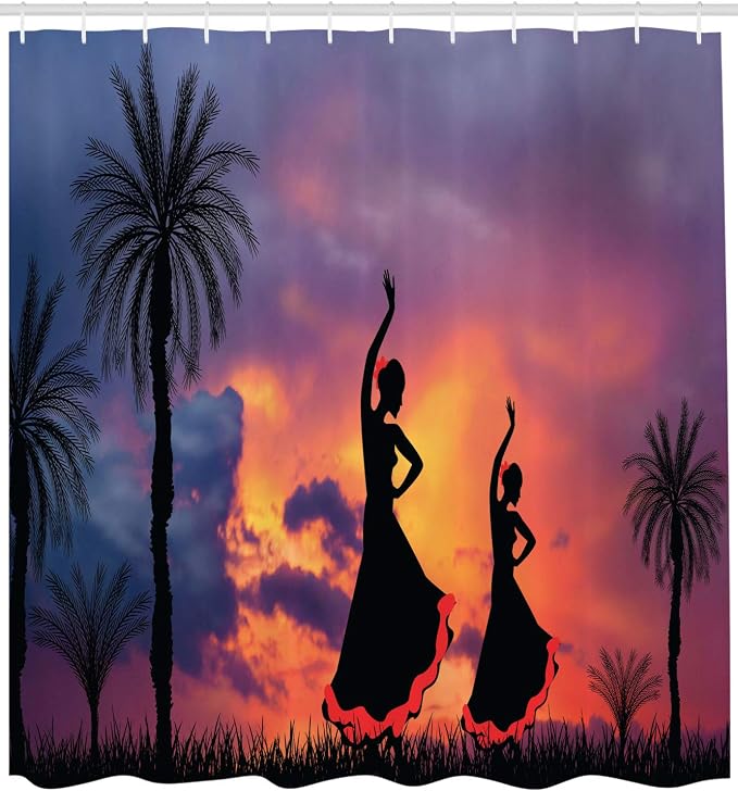 Ambesonne Spanish Shower Curtain, Silhouette of 2 Girls Dancing Flamenco - Image 2
