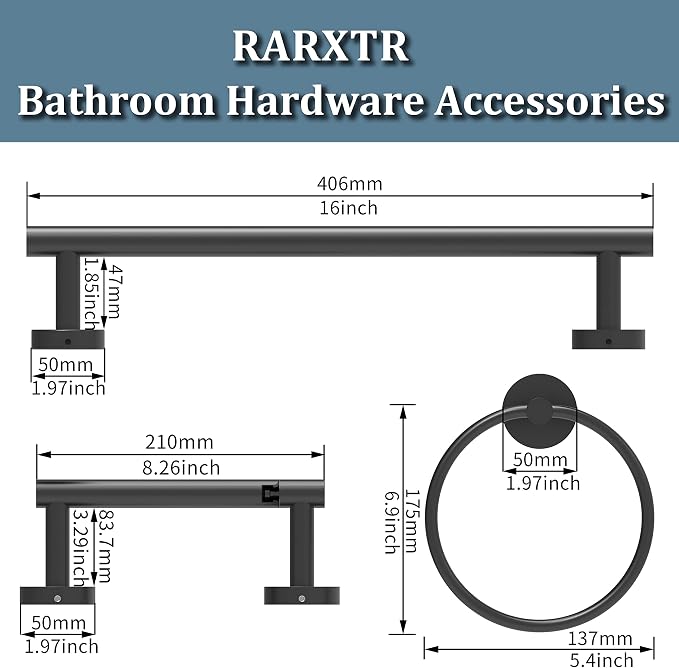 3pc Bathroom Hardware Set with Matte Black Toilet Paper Holder, Towel Ring - Image 2