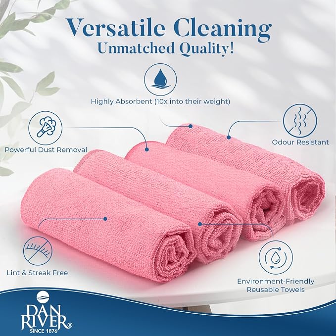 DAN RIVER 12-Pack Pink Microfiber Towels – Ultra Absorbent, Lint-Free & - Image 3