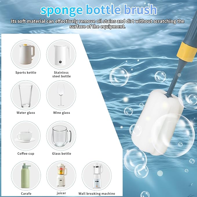 Sponge Bottle Brushes Adjustable Long Handle Up to 12.9” High Density Foam - Image 3