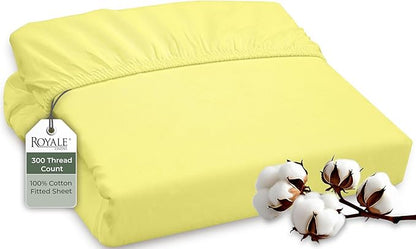 ROYALE LINENS 300 Thread Count 100% Long Staple Combed Cotton Fitted Sheet California King - Super Soft Deep Pocket Bottom Sheet - Fitted Sheets Only - Elastic Sheets (Cal King, Yellow)