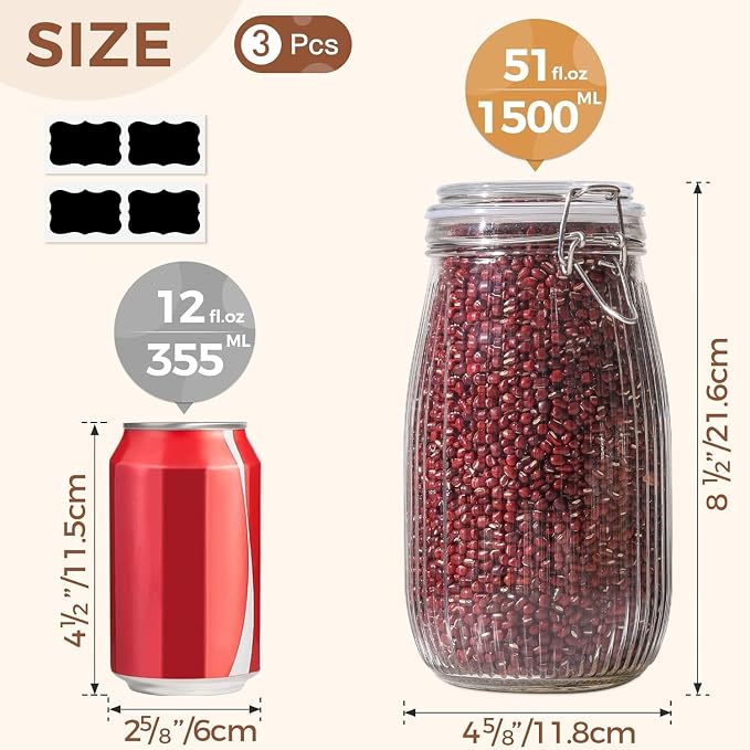 ComSaf Airtight Glass jar with lid 51oz Set of 3, Glass Storage Containers with - Image 2