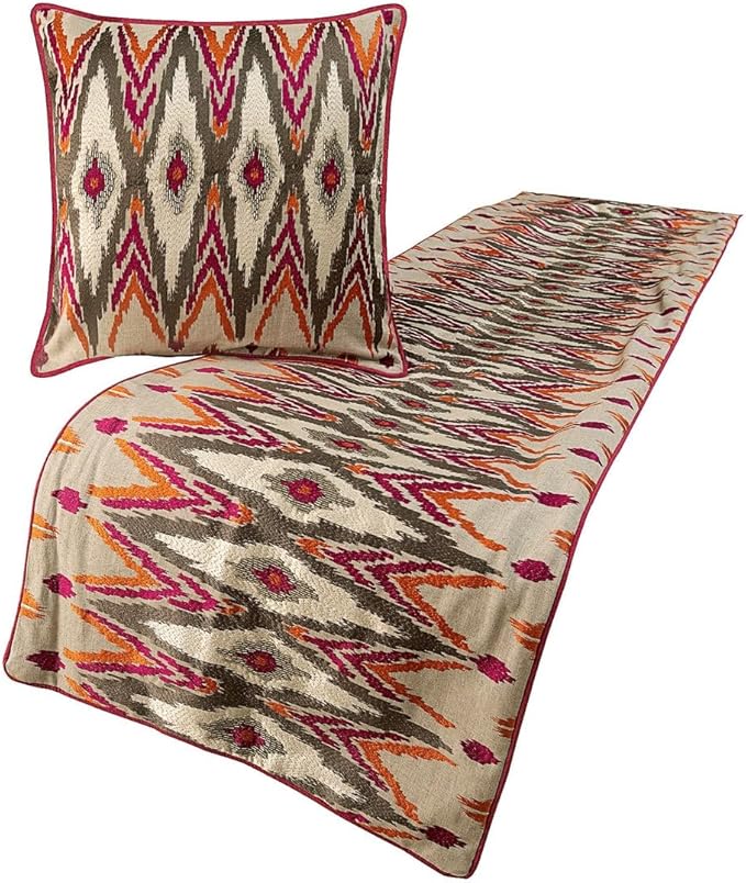 The HomeCentric King Queen Twin Multi Color & Pink Decorative Twin 53"x18" Bed Runner with 2 Pillow Cover, Embroidered & Beaded Bed Scarf on Cotton Linen Fabric - My Ikat Love