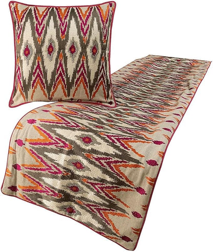 The HomeCentric King Queen Twin Multi Color & Pink Decorative Twin 53"x18" Bed Runner with 2 Pillow Cover, Embroidered & Beaded Bed Scarf on Cotton Linen Fabric - My Ikat Love