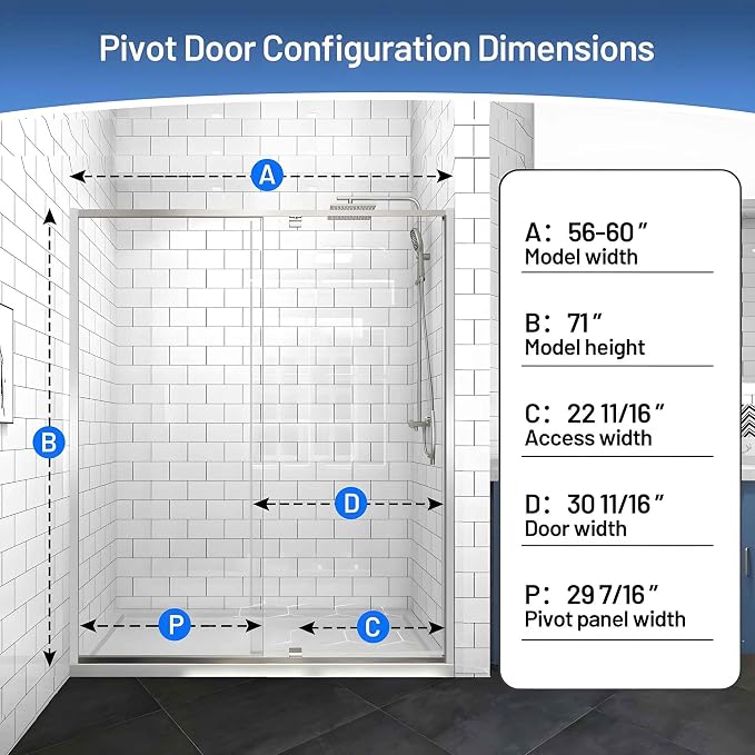 56-60" W x 71" H Pivot Glass Shower Door, 1/4" Thick Clear SGCC Tempered Shower - Image 2