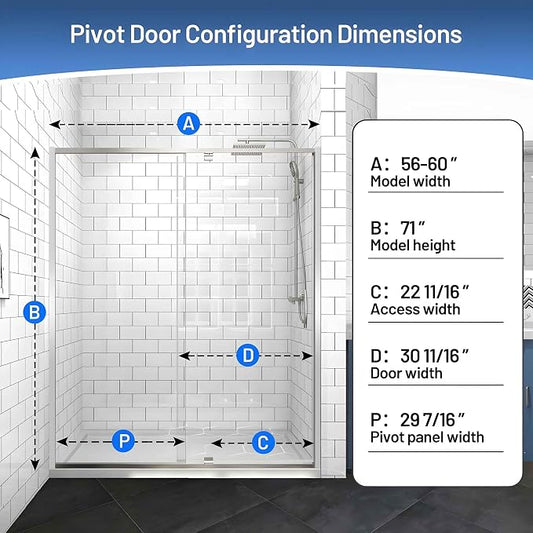 56-60" W x 71" H Pivot Glass Shower Door, 1/4" Thick Clear SGCC Tempered Shower - Image 2