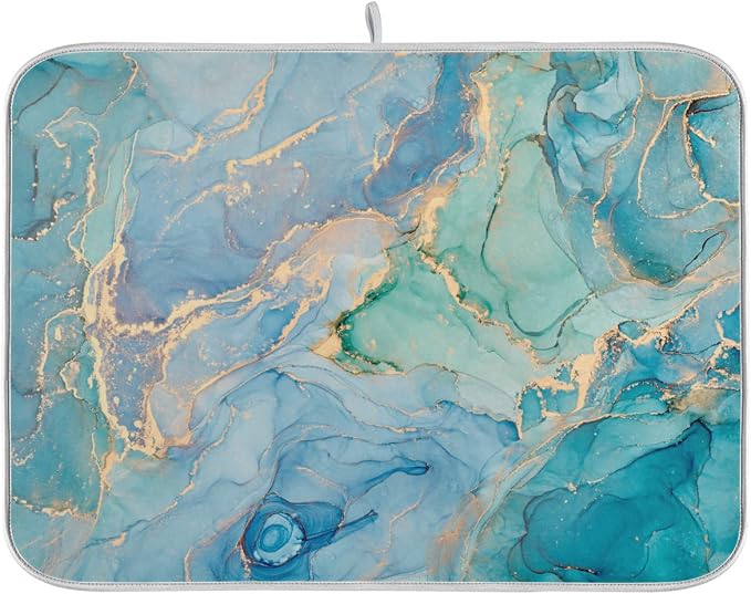 Marble Dish Drying Mat for Kitchen Counter Blue Teal Turquoise Gold Drying Mat by Sweetshow