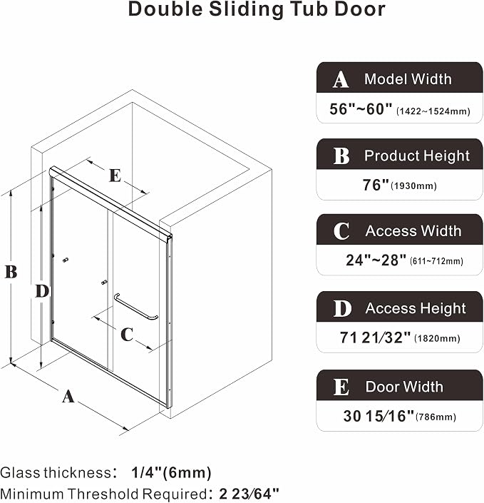 56-60" W x 76" H Semi-Frameless Double Sliding Glass Shower Door, 1/4" Clear - Image 8