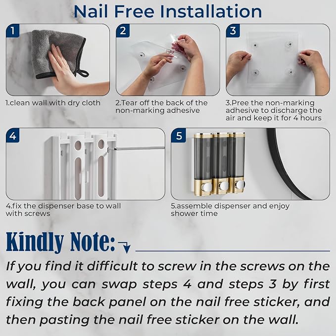 pollock Shampoo Conditioner Dispenser Shower Soap Dispenser 3 Chamber No Drill - Image 2
