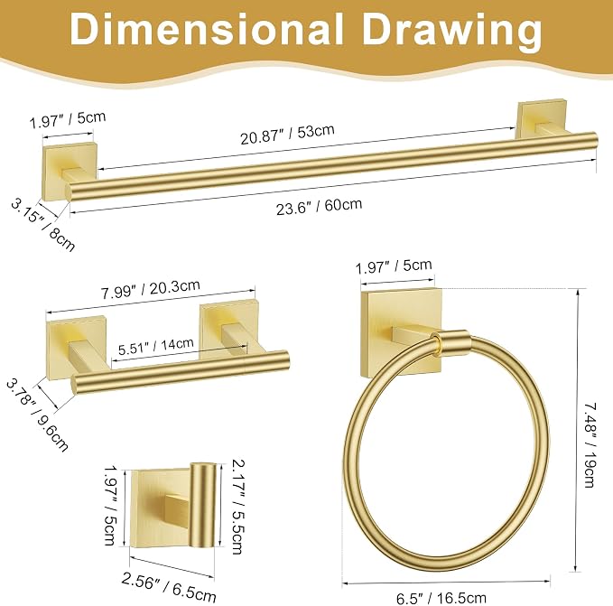 Brushed Gold Bathroom Hardware Towel Bar Set, 5 Pieces Double Dase Toilet Paper - Image 6