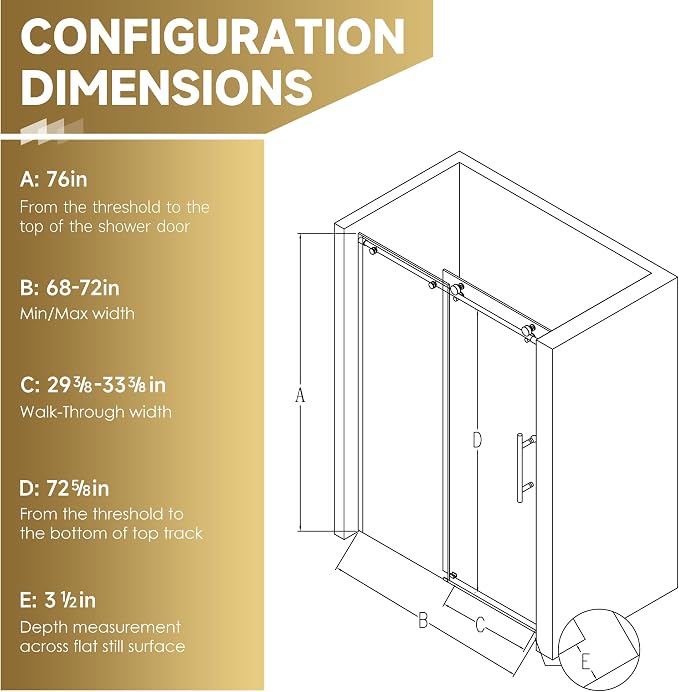 Frameless Sliding Shower Door 72” W x 76” H, 3/8” Tempered Glass, Single Bypass - Image 6