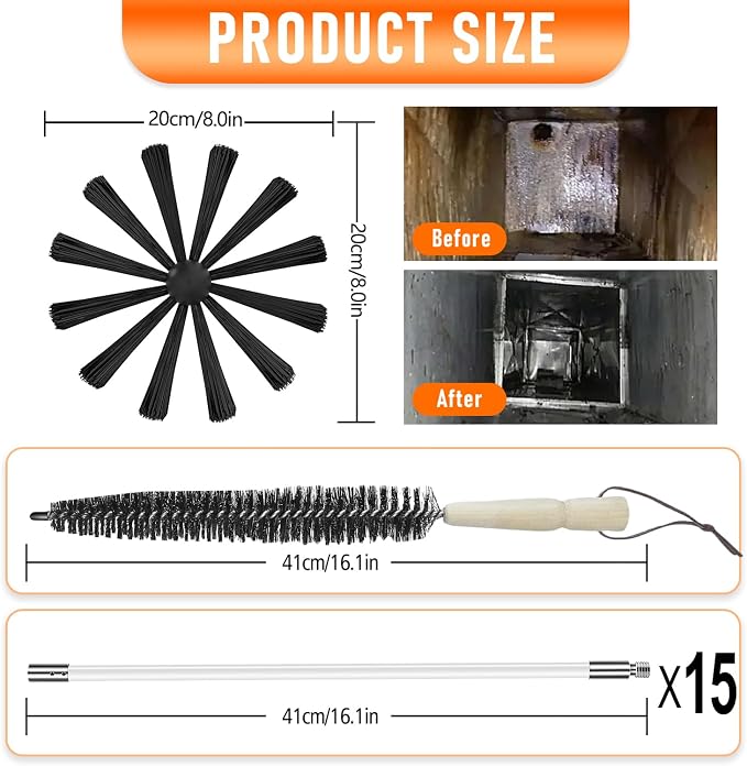 20Feet Chimney Sweep Kit, 8 in Brush Head, Dryer Vent Cleaner Kit, Chimney - Image 2