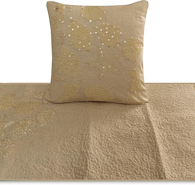 The HomeCentric King Queen Twin Beige Handmade Queen 74"x18" Bed Runner with 2 Pillow Cover, Pearl Embroidery Bed Scarf on Linen Fabric - Off to The Sea