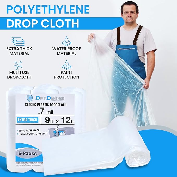 Dirt Defence Plastic Drop Cloth, 9x12 Ft Plastic Sheeting - Image 2