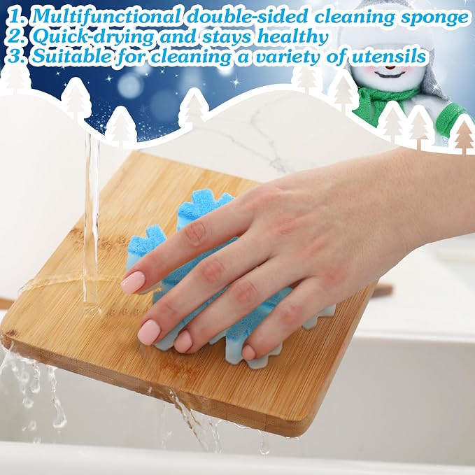 Tioncy 12 Pack Christmas Snowflake Sponges Bulk White Blue Dual Sided Scrubber - Image 5