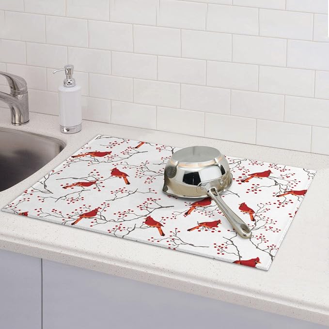 Cardinal Bird Red Berry Decor Microfiber Dish Drying Mat - Image 5