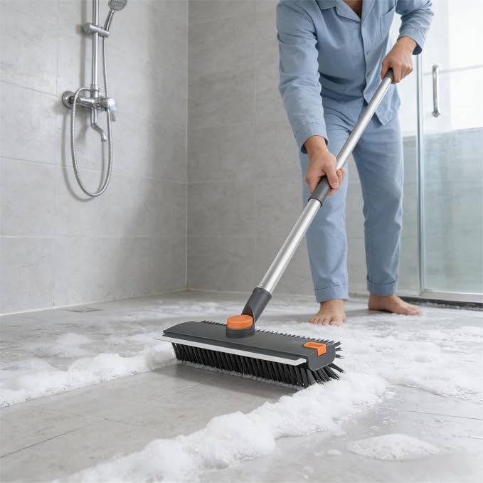 Floor Scrub V Brush with Long Handle 4 in 1 Silicone Scrape and Stiff Bristle - Image 3