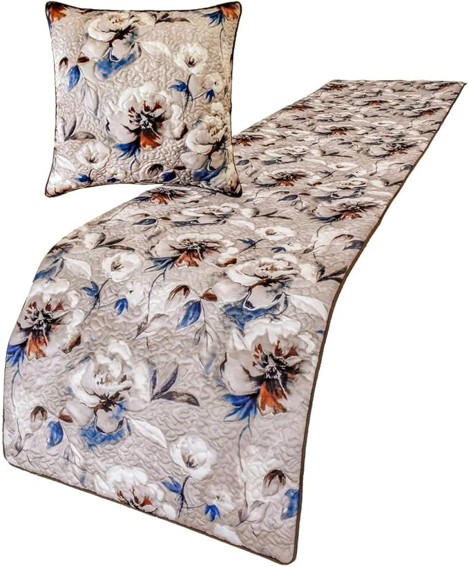 The HomeCentric King/Queen/Twin Ivory Luxury King 90"x18" Bed Runner Without Pillow Cover, Floral, Quilted Bed Scarf on Satin Fabric - Floral Harmony