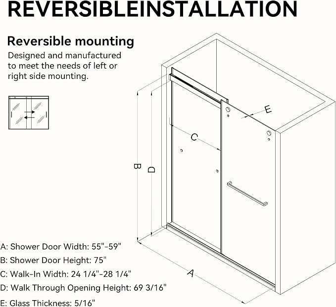 56"-60" W x 75" H Frameless Shower Door, Double Sliding Shower Door, 5/16" - Image 9
