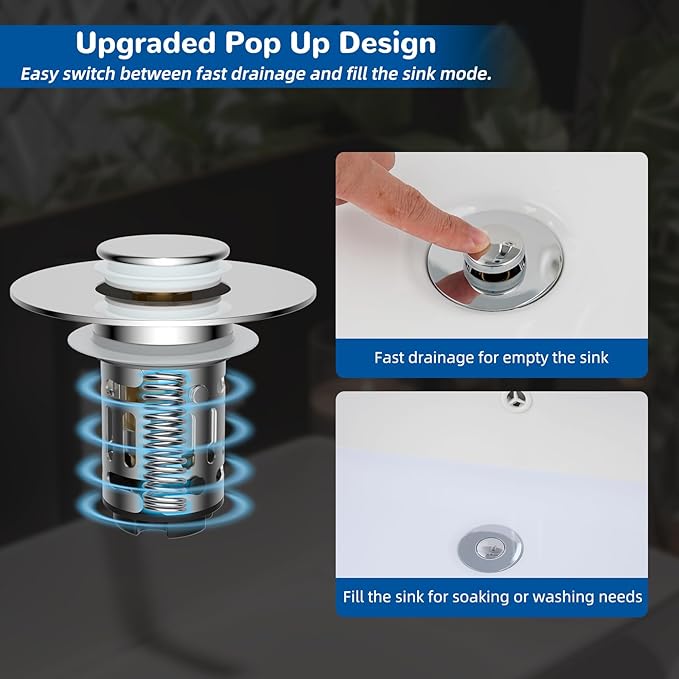 Hibbent Upgraded 3 in 1 Bathroom Sink Drain Strainer, Universal Pop Up Stopper - Image 6