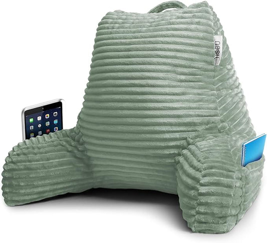 Nestl Reading Pillow with Shredded Memory Foam, Luxe Cut Plush Back Pillow for Sitting Up in Bed, Back and Arms Adjustable Support for Adult & Teens, Backrest Pillows with Washable Cover Sage Green