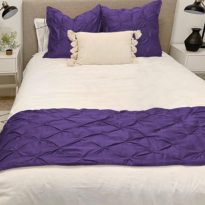 Bed Runner Set - 100% Pure Cotton 800 Thread Count - Luxury 1 Pinch Pleated Bed Runner and 2 Pillow Cover - 3 Piece Pinch Pleated Bed Runner Set Queen, Purple