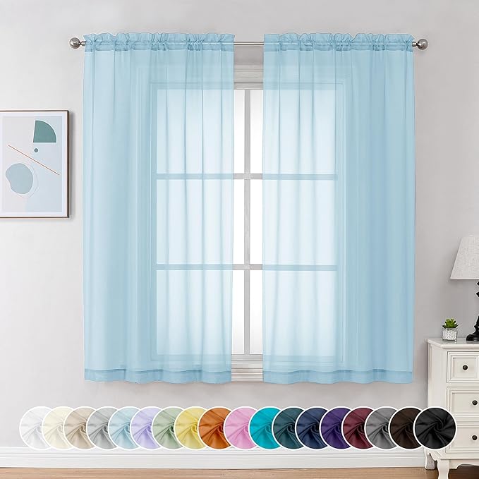 Chyhomenyc Sky Blue Sheer Curtains 54 Inch Long 2 Panels, Light Filtering Rod by Chyhomenyc